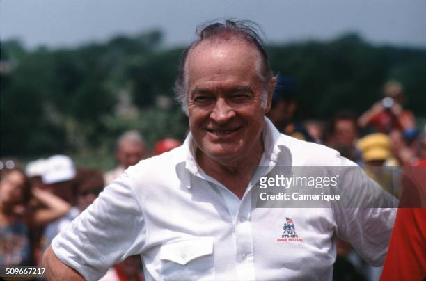 British-born American comedian, actor, and entertainer Bob Hope at a golf tournament, September 1982.