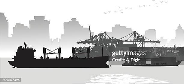 große frachter stadt hafen - harbor stock-grafiken, -clipart, -cartoons und -symbole