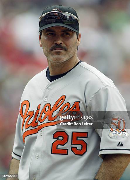 First baseman Rafael Palmeiro of the Baltimore Orioles during the game against the Anaheim Angels at Angel Stadium of Anaheim on May 23, 2004 in...