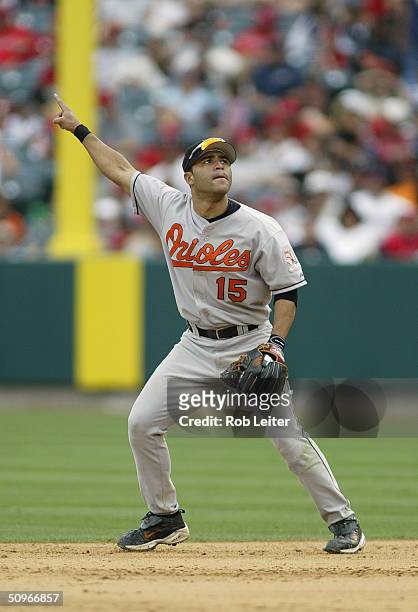 Jerry Hairston of the Baltimore Orioles in the field during the game against the Anaheim Angels at Angel Stadium of Anaheim on May 23, 2004 in...