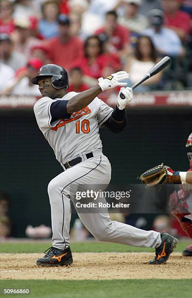 Shortstop Miguel Tejada of the Baltimore Orioles at bat during the game against the Anaheim Angels at Angel Stadium of Anaheim on May 23, 2004 in...