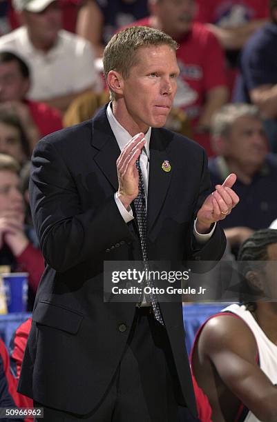 Head coach Mark Few of the Gonzaga University Bulldogs claps during the second round game of the NCAA Division I Men's Basketball Tournament against...