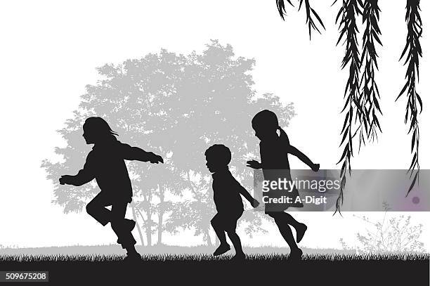 kids running outdoors - in silhouette stock illustrations