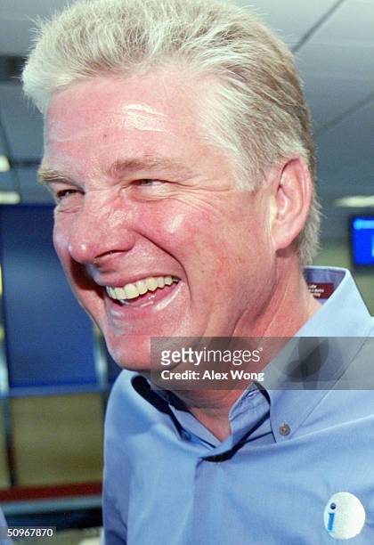 Independence Air Chairman and CEO Kerry Sheen smiles during a launching ceremony June 16, 2004 at Dulles Airport in Virginia outside Washington, DC....