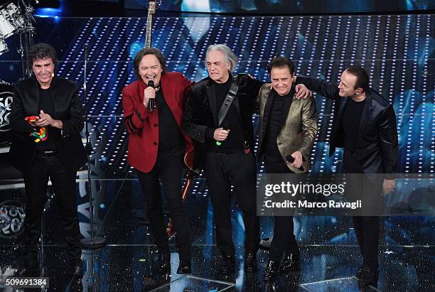 Members of Italian 50 year old band 'Pooh' Stefano D'Orazio, Red Canzian, Riccardo Fogli, Roby Facchinetti and Dodi Battaglia perform on stage during...