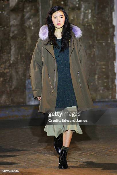 Model walks the runway at the Creatures of Comfort fashion show at 441 West 14th Street on February 11, 2016 in New York City.