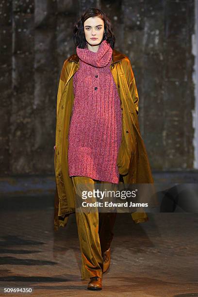 Model walks the runway at the Creatures of Comfort fashion show at 441 West 14th Street on February 11, 2016 in New York City.