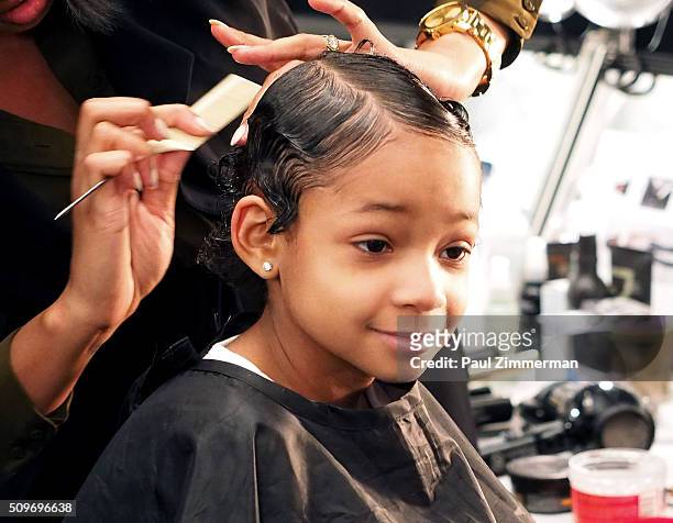 Model Leah Still prepares backstage at the Rookie USA Presents Kids Rock! Fall 2016 New York Fashion Week: The Shows at Skylight at Moynihan Station...