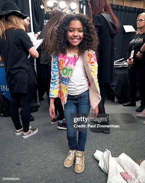 Model prepares backstage at the Rookie USA Presents Kids Rock! Fall 2016 New York Fashion Week: The Shows at Skylight at Moynihan Station on February...