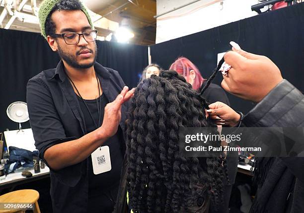 Model prepares backstage at the Rookie USA Presents Kids Rock! Fall 2016 New York Fashion Week: The Shows at Skylight at Moynihan Station on February...