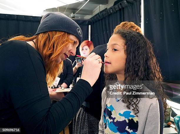 Model prepares backstage at the Rookie USA Presents Kids Rock! Fall 2016 New York Fashion Week: The Shows at Skylight at Moynihan Station on February...