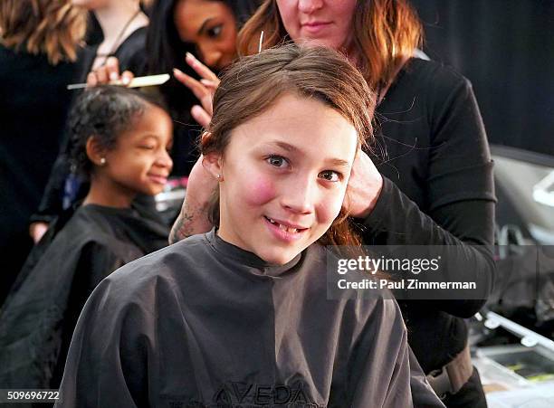 Model Jasmine Barker prepares backstage at the Rookie USA Presents Kids Rock! Fall 2016 New York Fashion Week: The Shows at Skylight at Moynihan...