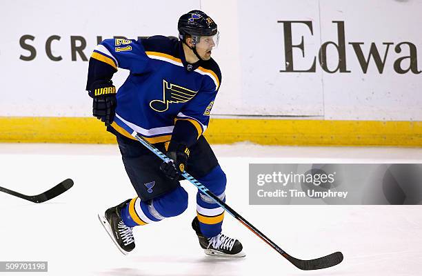 Patrik Berglund of the St. Louis Blues plays in the game against the Vancouver Canucks at the Scottrade Center on October 23, 2014 in St. Louis,...