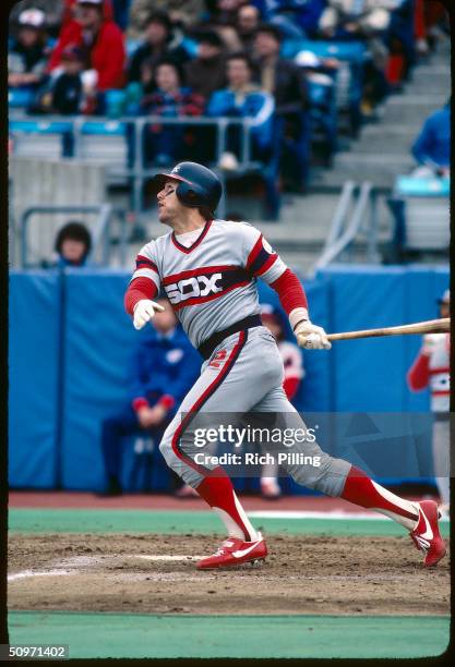 Catcher Carlton Fisk of the Chicago White Sox swings at a pitch in 1983.