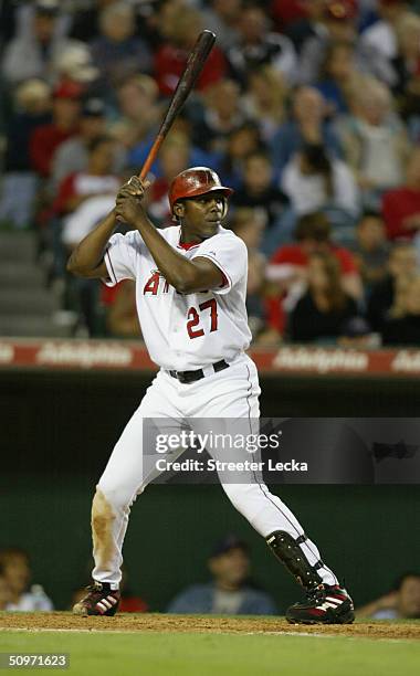 Vladimir Guerrero of the Anaheim Angels stands ready at bat during the game against the Milwaukee Brewers at Angel Stadium on June 9, 2004 in...