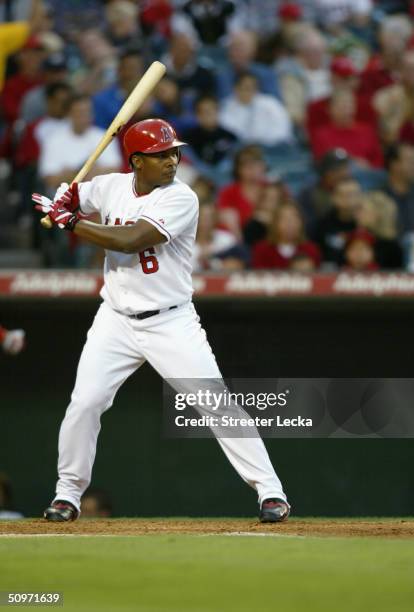 Jose Guillen of the Anaheim Angels stands ready at bat during the game against the Milwaukee Brewers at Angel Stadium on June 9, 2004 in Anaheim,...