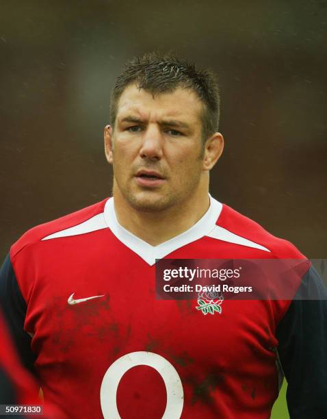 Julian White, the England prop looks on during the England training session at King's College, Otahuhu on June 18, 2004 in Auckland, New Zealand.