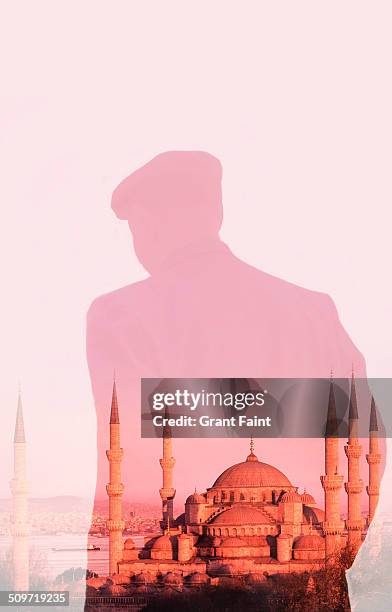 double exposure:old man and mosque. - mosque silhouette stock pictures, royalty-free photos & images