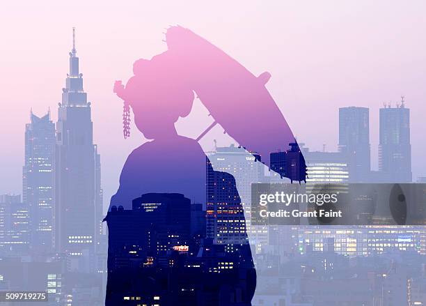 double exposure:geisha silhouette - modern tradition stock pictures, royalty-free photos & images