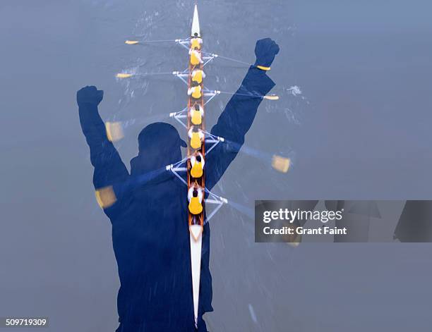 man cheering rowing eight boat. - multiple exposure sports stock pictures, royalty-free photos & images