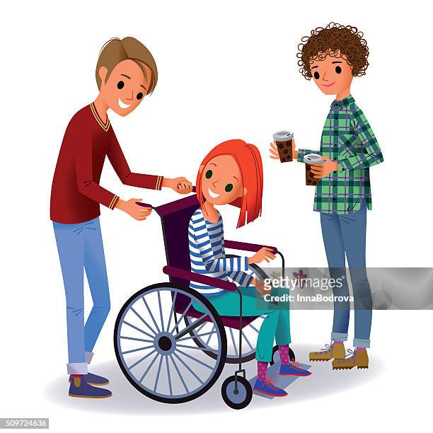 ilustrações, clipart, desenhos animados e ícones de menina na cadeira de rodas e dois voluntários. - aluno mais velho