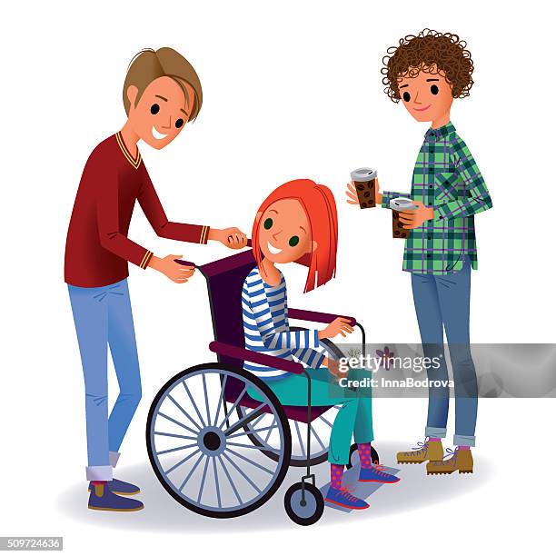 girl in the wheelchair and two volunteers. - paraplegic stock illustrations