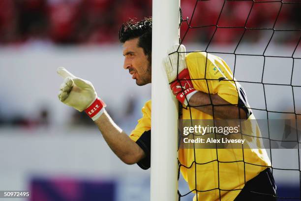 Gianluigi Buffon of Italy in action during the UEFA Euro 2004, Group C match between Denmark and Italy at the D.Alfonso Henriques Stadium on June 14,...