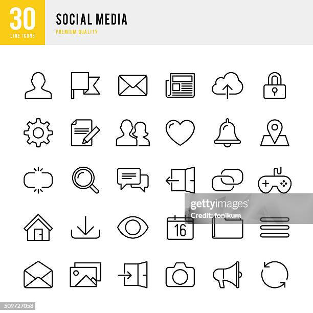 social-media-dünne linie symbol-set - looking through an object stock-grafiken, -clipart, -cartoons und -symbole