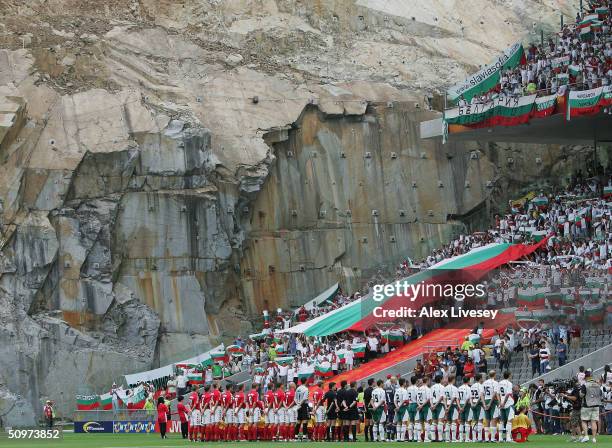 The two teams line up during the UEFA Euro 2004, Group C match between Bulgaria and Denmark at the Municiple de Braga Stadium on June 18, 2004 in...