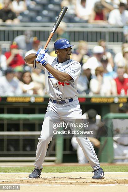 Right fielder Juan Encarnacion of the Los Angeles Dodgers at bat during the game against the Pittsburgh Pirates on May 9, 2004 at PNC Park in...