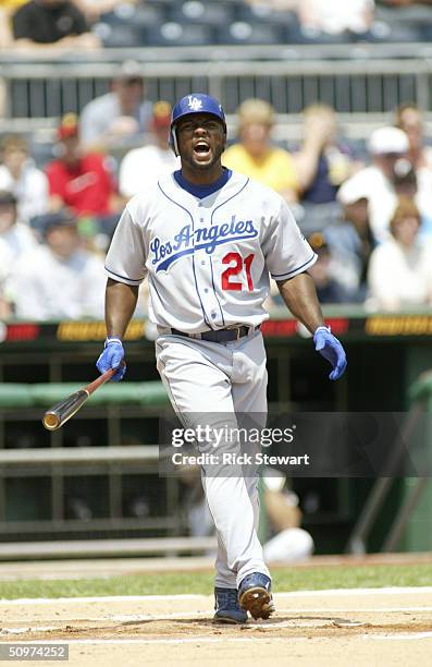 Center fielder Milton Bradley of the Los Angeles Dodgers yells during the game against the Pittsburgh Pirates on May 9, 2004 at PNC Park in...