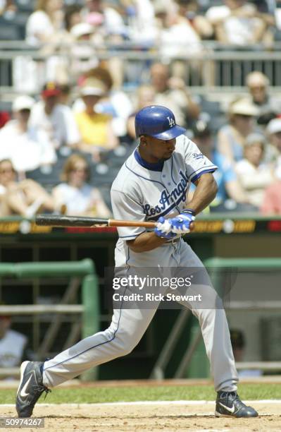 Right fielder Juan Encarnacion of the Los Angeles Dodgers at bat during the game against the Pittsburgh Pirates on May 9, 2004 at PNC Park in...