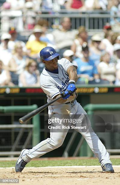 Third baseman Adrian Beltre of the Los Angeles Dodgers at bat during the game against the Pittsburgh Pirates on May 9, 2004 at PNC Park in...