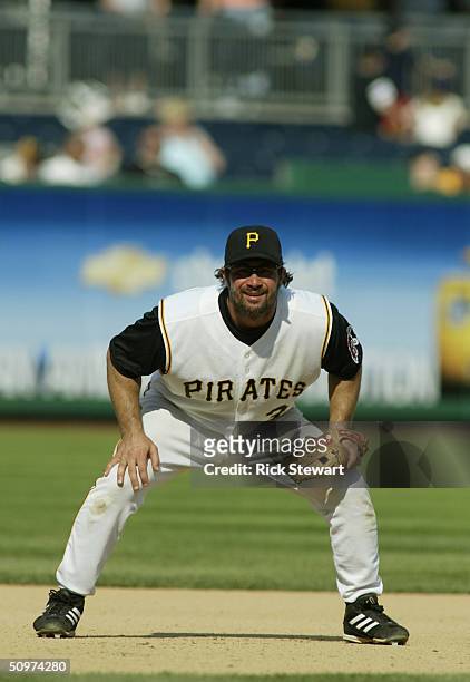 Third baseman Chris Stynes of the Pittsburgh Pirates in the field during the game against the Los Angeles Dodgers on May 9, 2004 at PNC Park in...