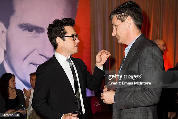 Executive Producer J.J Abrams and Hulu CEO Mike Hopkins attend the Hulu Original '11.22.63' premiere at Regency Bruin Theatre on February 11, 2016 in...