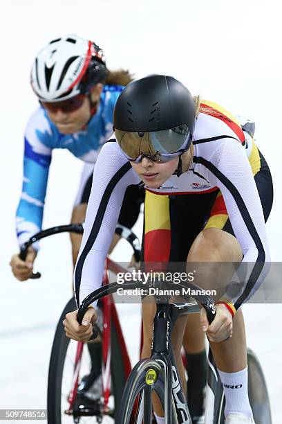 Emma Cumming of Southland competes against Olivia Ray of Auckland in the U19 Women Sprint final during the New Zealand Track National Championships...