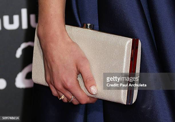 Actress Lucy Fry ,Handbag Detail, attends the premiere of Hulu's new series "11.22.63" at Regency Bruin Theatre on February 11, 2016 in Los Angeles,...