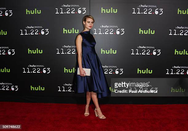 Actress Lucy Fry attends the premiere of Hulu's new series "11.22.63" at Regency Bruin Theatre on February 11, 2016 in Los Angeles, California.