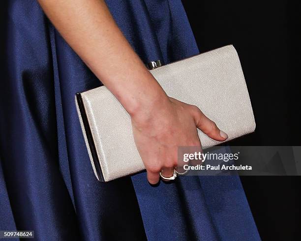 Actress Lucy Fry ,Handbag Detail, attends the premiere of Hulu's new series "11.22.63" at Regency Bruin Theatre on February 11, 2016 in Los Angeles,...