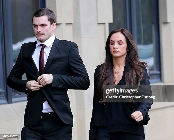 Adam Johnson and his girlfriend Stacey Flounders arrive at Bradford Crown Court where Johnson is facing child sexul assault charges on February 12,...