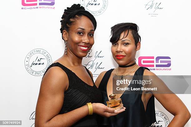Nicole Austin and La'Myia Good attended the La'Myia Good Hosts 1st Femme Fragrance Launch on February 11, 2016 in Hollywood, California.