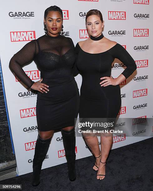 Fashion models Precious Lee and Ashley Graham attend the Marvel cover release event with Garage Magazine on February 11, 2016 in New York City.