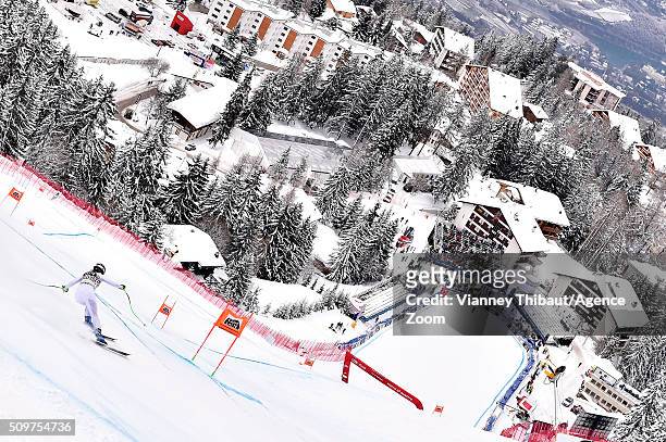 Stacey Cook of the USA competes during the Audi FIS Alpine Ski World Cup Women's Downhill Training on February 12, 2016 in Crans Montana, Switzerland.