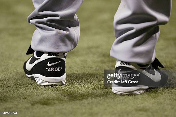 Detail view of " AROD" personalized shoes for Alex Rodriguez of the New York Yankees taken during the Tampa Bay Devil Rays home opener game on April...