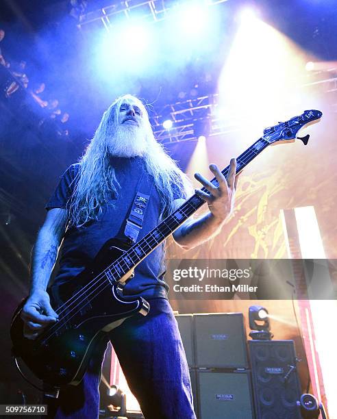 Bassist John Campbell of Lamb of God performs at Brooklyn Bowl Las Vegas at The LINQ Promenade on February 11, 2016 in Las Vegas, Nevada.