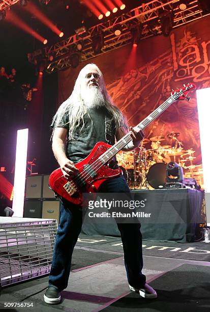 Bassist John Campbell of Lamb of God performs at Brooklyn Bowl Las Vegas at The LINQ Promenade on February 11, 2016 in Las Vegas, Nevada.