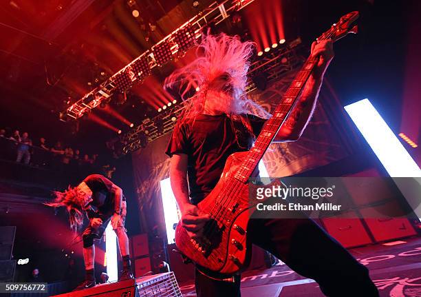 Singer Randy Blythe and bassist John Campbell of Lamb of God perform at Brooklyn Bowl Las Vegas at The LINQ Promenade on February 11, 2016 in Las...