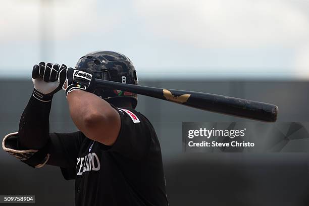 Boss Moanaroa of team New Zealand bats during Game 3 of the World Baseball Classic Qualifier against Team Philippines at Blacktown International...