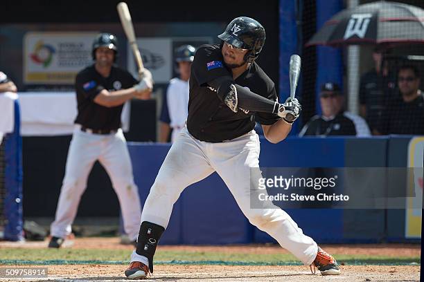 Boss Moanaroa of team New Zealand bats during Game 3 of the World Baseball Classic Qualifier against Team Philippines at Blacktown International...
