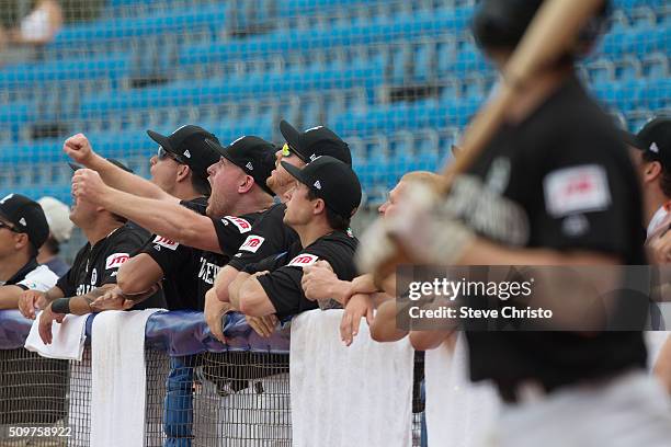 Memebers of Team New Zealand react to teammate Boss Moanaroa#8 home run during Game 3 of the World Baseball Classic Qualifier against Team...